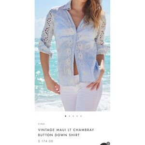 Cino Vintage Maui Light Floral Eyelet Embroidery Button Down Shirt Blue sz xs